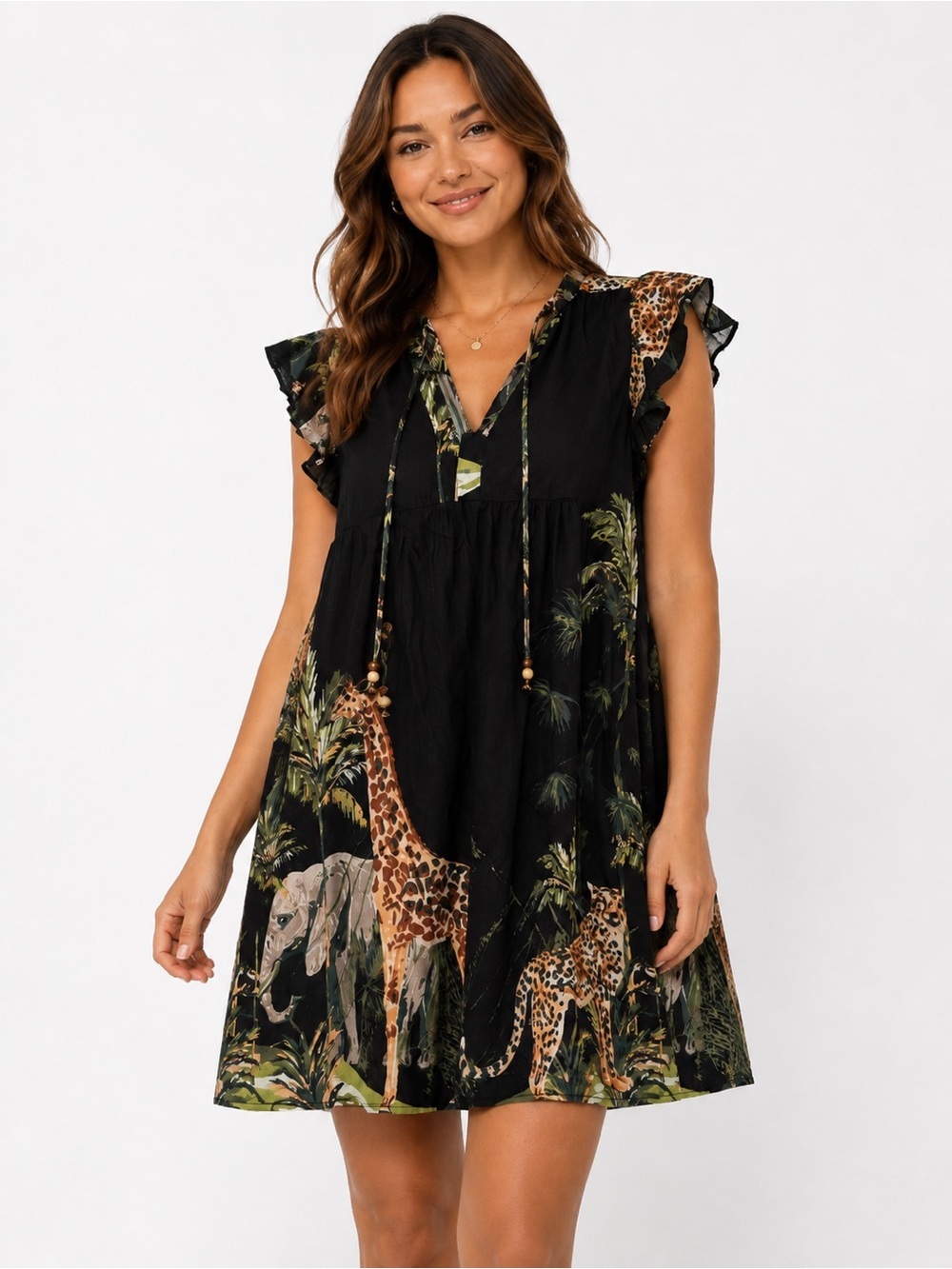 GIGIO USA Dress Medium Safari Print Ruffle Sleeve Babydoll Rayon